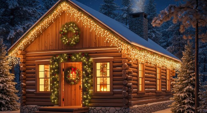 Cozy Log Cabin Illuminated by Festive Christmas Lights in a Snowy Forest