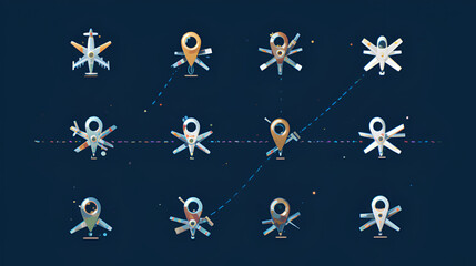 Airplane line path vector icon set of air plane flight route with start point and dash line trace. Various aircraft and destination location pins icons. Aircraft tracking, planes, travel, map