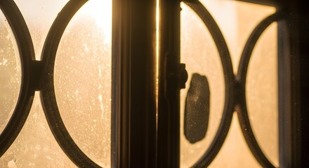 Close-up view of a decorative metal window grille with sunlight shining through, creating a warm and inviting atmosphere indoors