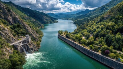 Scenic aerial view of a hydroelectric dam and a vast reservoir winding through a green mountain valley with lush forests.
