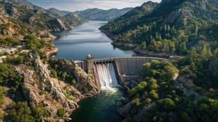 Majestic concrete dam releasing water into a canyon, with a vast reservoir stretching through lush green mountain ranges on a sunny day.