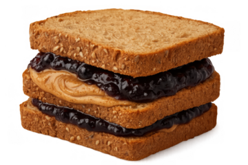 Peanut butter and jelly double decker sandwich on whole wheat bread, comforting dessert or breakfast food