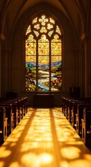 Sunlight streams through a vibrant stained glass window in a peaceful church interior, casting colorful patterns onto the wooden floor and creating a serene atmosphere