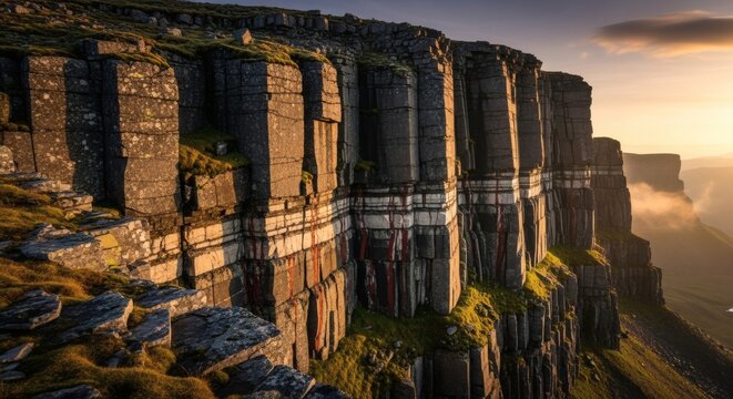 Dramatic cliffs of benbulben mountain in ireland, showcasing the unique geological formations and rugged beauty of the irish landscape at sunset