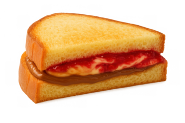 Peanut butter and jelly sandwich triangle on transparent background for breakfast, lunch, or snack, filling and sweet kids food