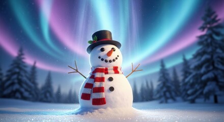 Smiling Snowman Under the Magical Aurora Borealis Lights