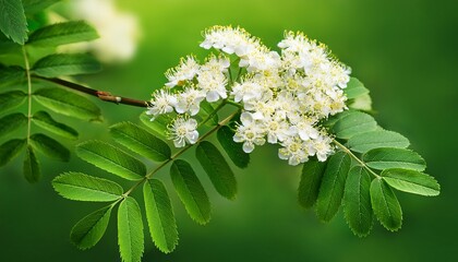 Mountain Ash Flower Rowan Leaved Close Up On A Green Background In Summer