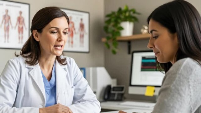 A female healthcare professional in a lab coat attentively consults with a female client in a modern office. This interaction conveys trust, personalized care, and expert guidance, ideal for illustrat