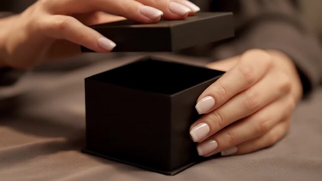 Female hands with beautiful French manicure gently opening a mysterious small black gift box on a soft textured surface revealing a thoughtful present inside