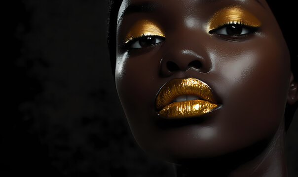 Black Woman with Golden Dripping Lips Against Dark Background: A Concept of Beauty, Boldness, and Artistic Expression in Makeup