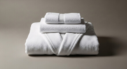 Luxurious white bathrobe and folded towels stack ready for spa day relaxation