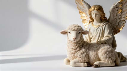 Obraz premium Statue of an angel stroking a lamb in a soft shaded interior (copy space)