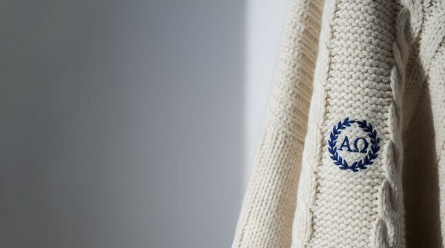 Blue Alpha Omega embroidery on white knitted sweater sleeve (copy space)