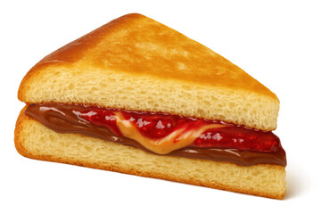 Peanut butter and jelly sandwich with chocolate spread on toasted bread slices, a delicious sweet snack on transparent background