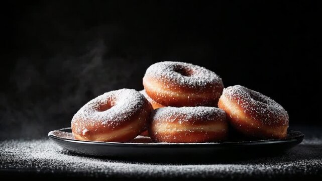 Powdered Sugar Falling on Freshly Baked Donuts.