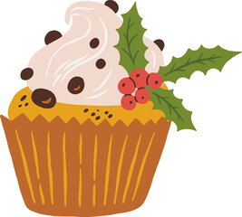 A festive hand draw Christmas cupcake with whipped cream, chocolate chips, and holly berry decoration vector illustration