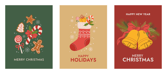 Set of retro Christmas greeting card vector illustration. Hand drawn Xmas background with bells, Xmas stocking, decorations and sweets