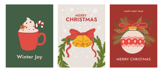 Set of vintage Merry Christmas greeting card vector illustration. Hand drawn Xmas background with hot chocolate, holiday wreath decorated with bells, decorations