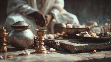 Serene spiritual ritual in subdued light with traditional items arrangement