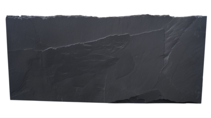 Close-up of a rectangular dark textured stone slab with cracks and fissures on transparent background