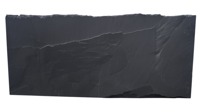Close-up of a rectangular dark textured stone slab with cracks and fissures on transparent background