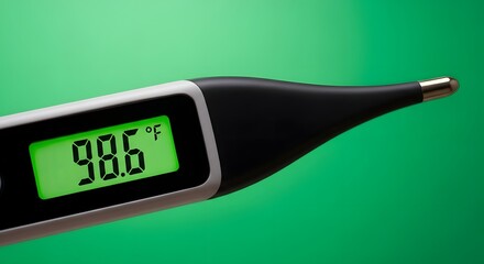 Close-up of a digital thermometer displaying a temperature of 98.6&deg;F against a green background