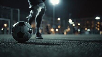 Dramatic night soccer game with focused ball and player motion blur