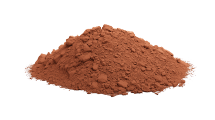 Close-up of finely textured reddish-brown cocoa powder on transparent background