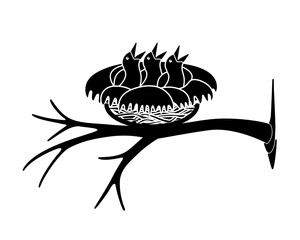 A nest with three chicks on a tree branch is a vector silhouette image suitable for stenciling or printing. Chicks in the nest await their parents, a spring silhouette image stencil.
