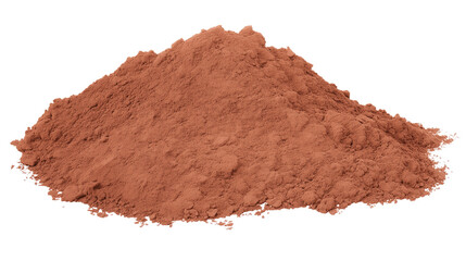 Close-up of reddish-brown cocoa powder mound with granular texture on transparent background