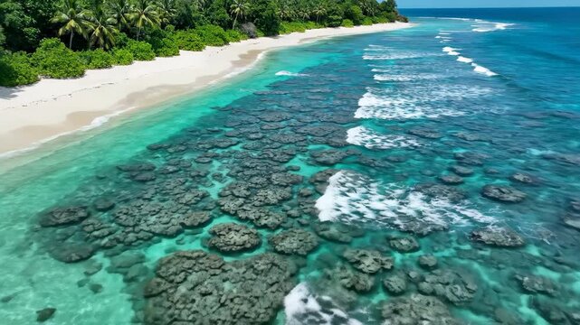 Aerial view of a tropical beach with crystal-clear turquoise water, white sand, coral reefs, and lush green palm trees. Idyllic summer vacation scene representing paradise, relaxation, and natural bea