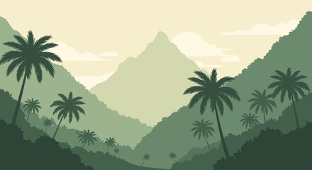 Lush Tropical Valley with Palm Trees and Distant Mountain Silhouette