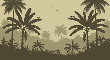 Obraz premium Lush tropical jungle scene with palm and banana trees silhouettes illustration