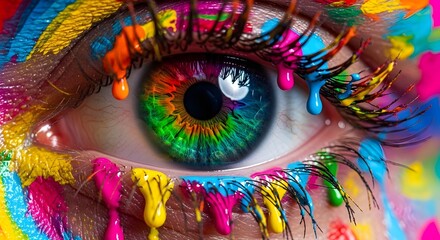 Fototapeta premium Vibrant eye macro shot with colorful rainbow paint dripping for creative art concept