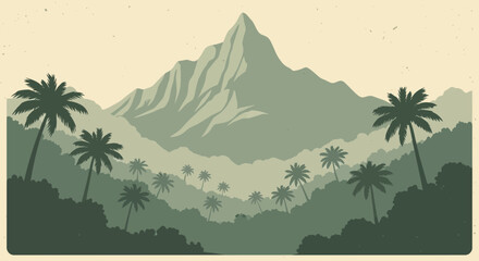 Monotone tropical landscape illustration with palm trees and mountain