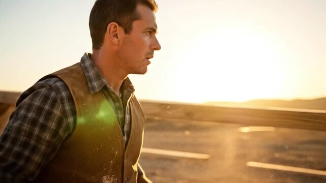 A focused man is captured in profile, diligently carrying a substantial wooden beam on his shoulder, his hands firmly gripping the material. The scene is illuminated by the radiant, golden light of wh