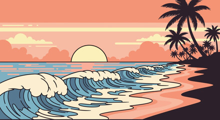 Stylized tropical beach illustration featuring ocean waves and palm trees