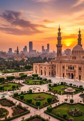 Fototapeta premium Stunning Cairo sunset featuring mosques and modern city skyline views