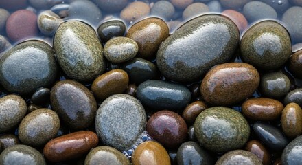 A captivating collection of smooth, wet pebbles in various shades of gray, brown, and black, creating a serene and natural mosaic of textures