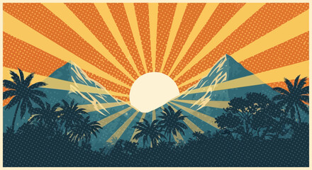 Vintage landscape with tropical trees and majestic mountains at sunrise