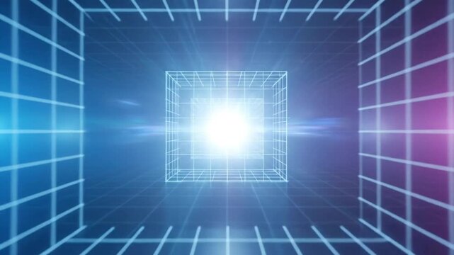 A futuristic tunnel composed of a blue glowing grid extends into the distance, vanishing at a bright central point. The perspective creates a sense of depth and forward motion, suggesting a journey th