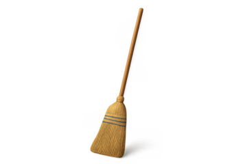 Broom standing upright, ready for sweeping and chores, representing home cleanliness and magical folklore, transparent background