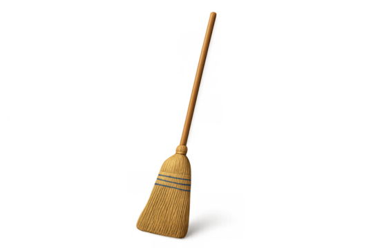 Broom standing upright, ready for sweeping and chores, representing home cleanliness and magical folklore, transparent background