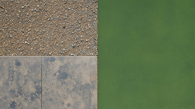 Top-down view of a contrasting surface between exposed aggregate concrete and green rubber softfall safety flooring in a modern outdoor recreational park in Australia. Concept of ground design.