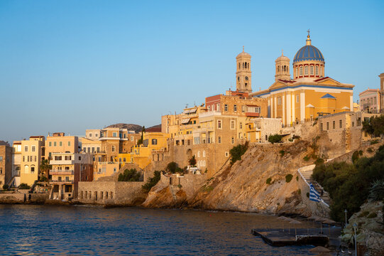 Venetian architecture of Ermoupoli and the dome and bell towers of Saint Nicholas church on the Greek island of Syros