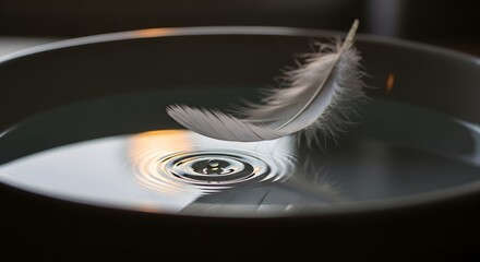 A delicate white feather floating on the surface of calm water creating gentle ripples and a serene atmosphere