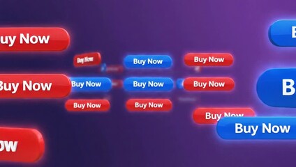Close-up of multiple buy now buttons in red and blue on a purple background with a shallow depth of field.