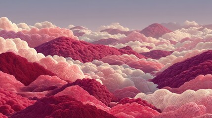 Dreamy Surreal Landscape of Fluffy Pink and Red Cloud Hills and Valleys at Sunset, Abstract Fantasy Background