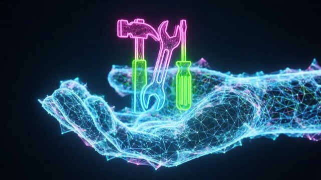 A glowing, stylized hand formed from a network of interconnected lines supports colorful, neon-lit tools. The tools, which appear to be a screwdriver and pliers, radiate bright pink and green hues aga