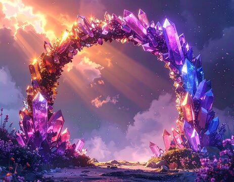 A crystal archway glows, with sunlight streaming through, set against a dreamy, cloudy sky